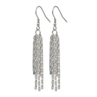 A pair of silver-toned fish hook earrings with chain tassel drops hanging from small connector loops.