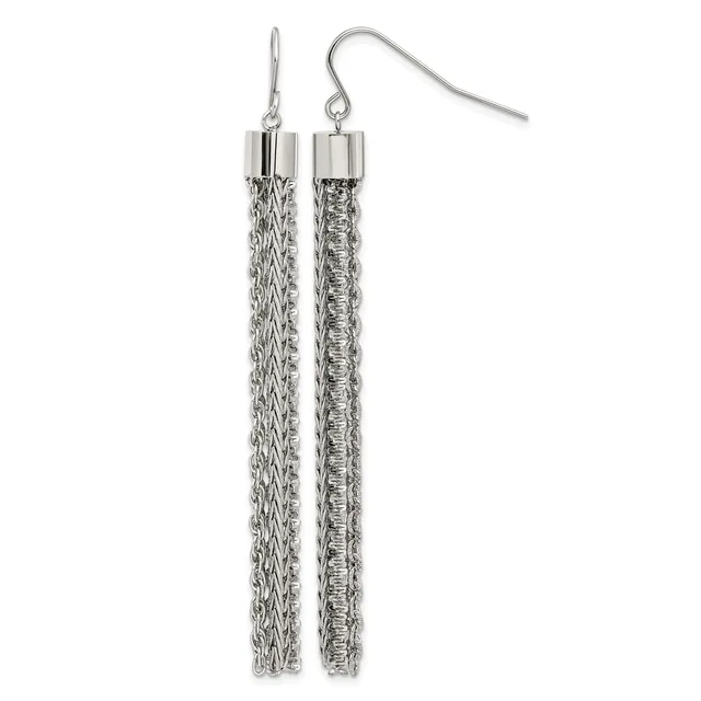 A pair of silver tassel earrings with textured cylindrical tops and long woven chain tassels hanging from fish hook ear wires.