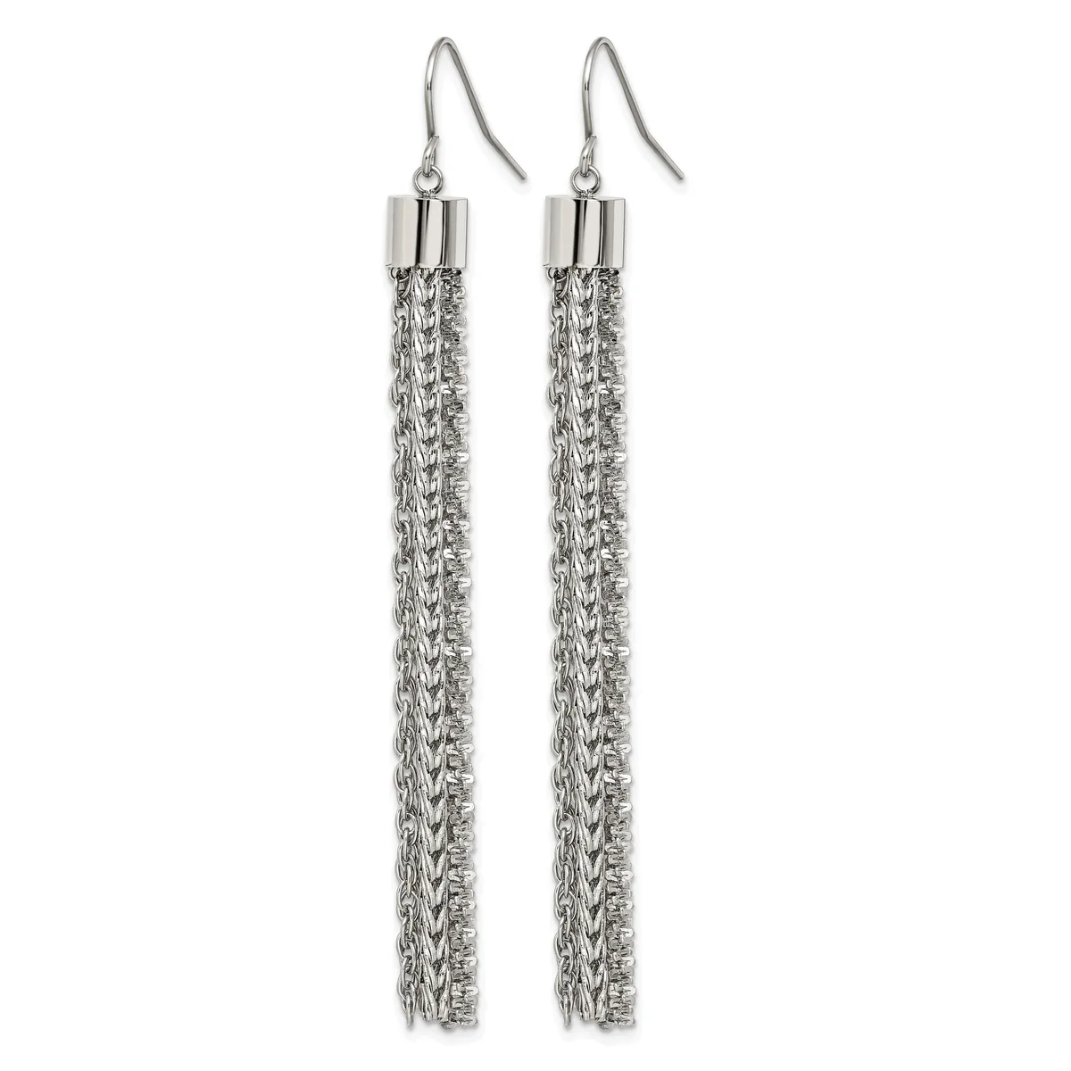 A pair of long silver chain tassel earrings with cylindrical caps at the top, suspended from curved hook-style ear wires.