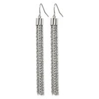 A pair of long silver chain tassel earrings with cylindrical caps at the top, suspended from curved hook-style ear wires.