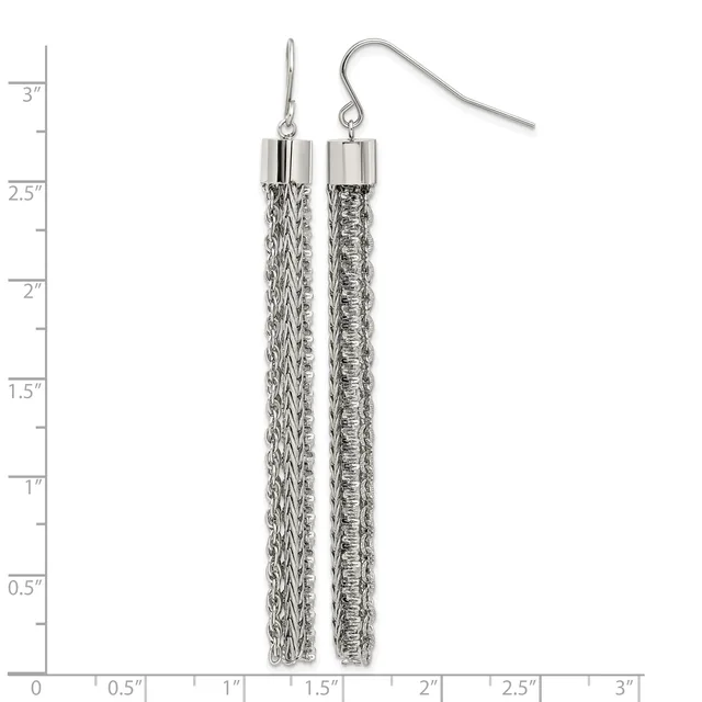 Two silver mesh cylinder earrings with hook closures, shown against a measurement scale indicating they are approximately 2.75 inches long.