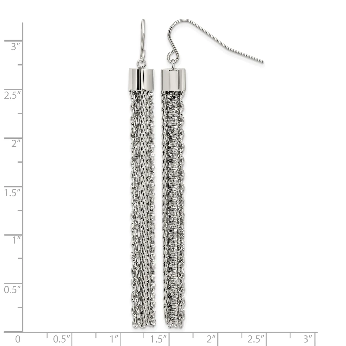 Two silver mesh cylinder earrings with hook closures, shown against a measurement scale indicating they are approximately 2.75 inches long.