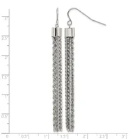 Two silver mesh cylinder earrings with hook closures, shown against a measurement scale indicating they are approximately 2.75 inches long.