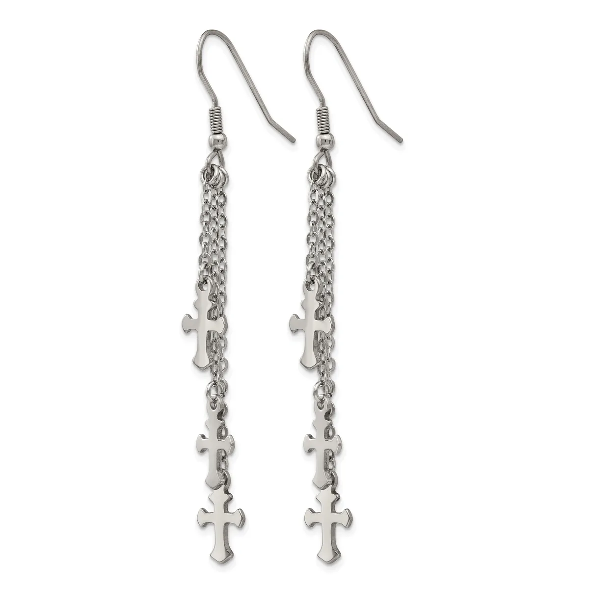 Pair of silver-toned dangle earrings with fish hook wires and chain strands suspending multiple small cross charms.