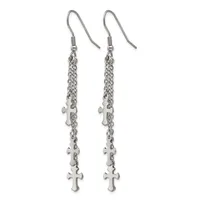 Pair of silver-toned dangle earrings with fish hook wires and chain strands suspending multiple small cross charms.