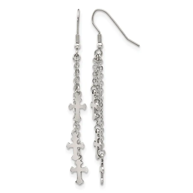 Pair of silver-toned dangle earrings with fish-hook wires featuring chain strands with small cross charms attached.