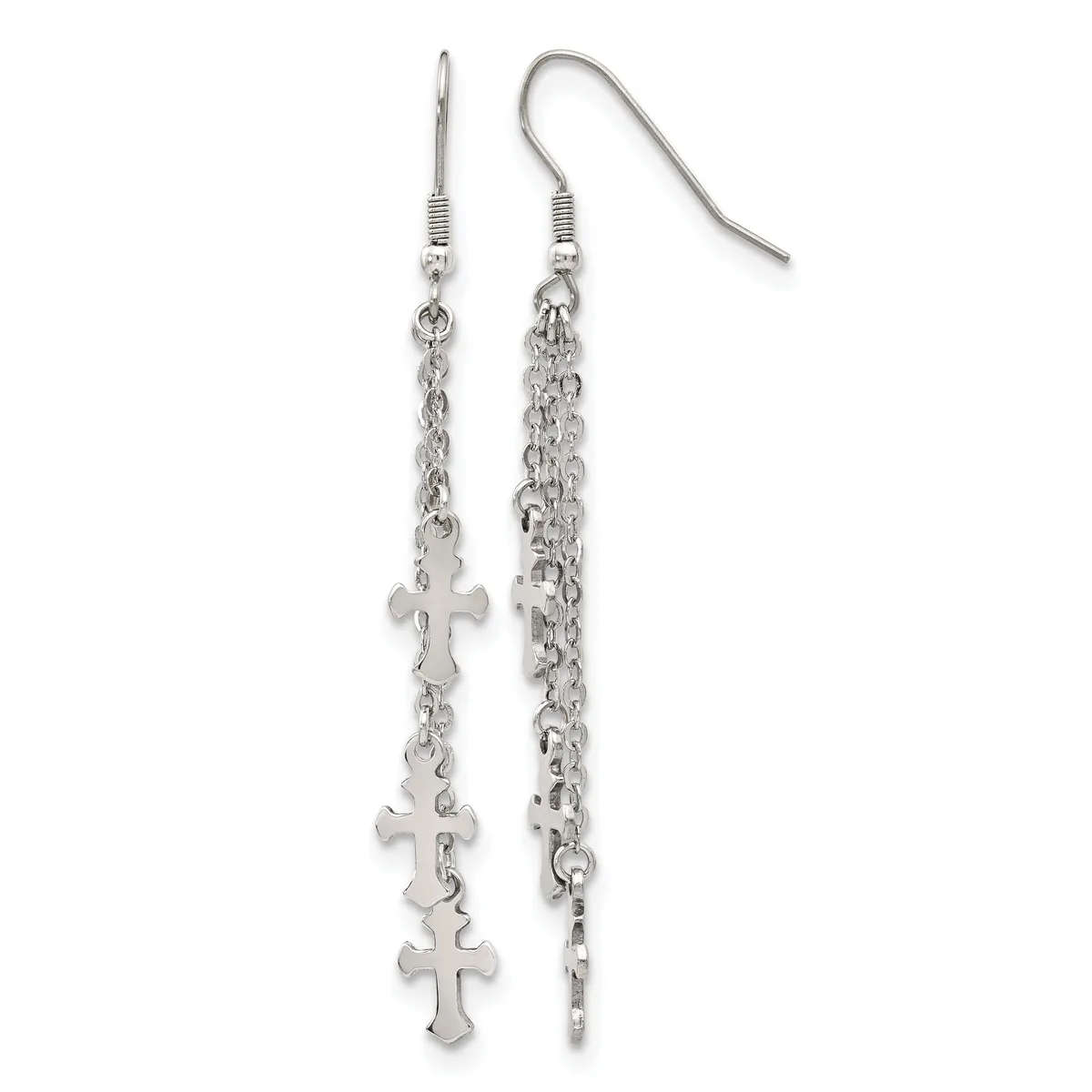 Pair of silver-toned dangle earrings with fish-hook wires featuring chain strands with small cross charms attached.
