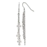 Pair of silver-toned dangle earrings with fish-hook wires featuring chain strands with small cross charms attached.