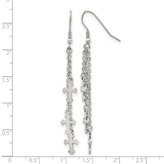 Pair of silver-toned dangle earrings with delicate chain strands and cross charms, displayed against a measurement ruler.