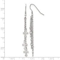 Pair of silver-toned dangle earrings with delicate chain strands and cross charms, displayed against a measurement ruler.
