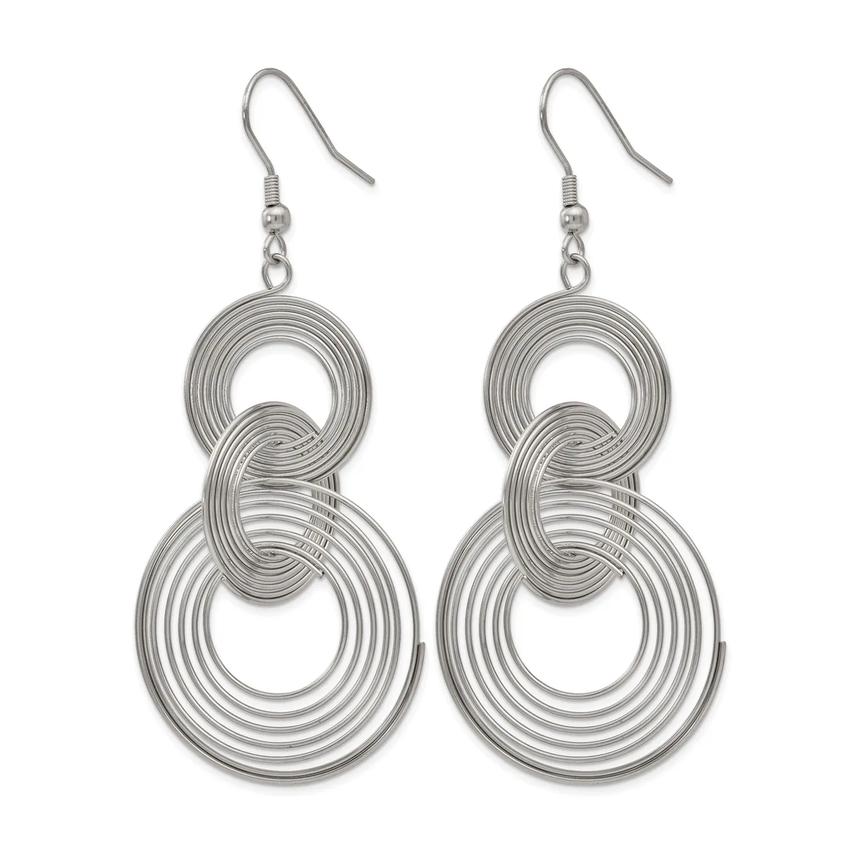 Pair of silver-toned dangle earrings with interlocking concentric circular loops hanging from fish hook wires.