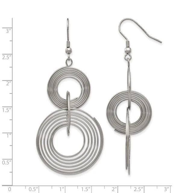 Pair of silver-tone dangle earrings with concentric circular wire coils and vertical bars, shown next to a measurement scale.