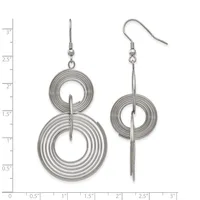 Pair of silver-tone dangle earrings with concentric circular wire coils and vertical bars, shown next to a measurement scale.