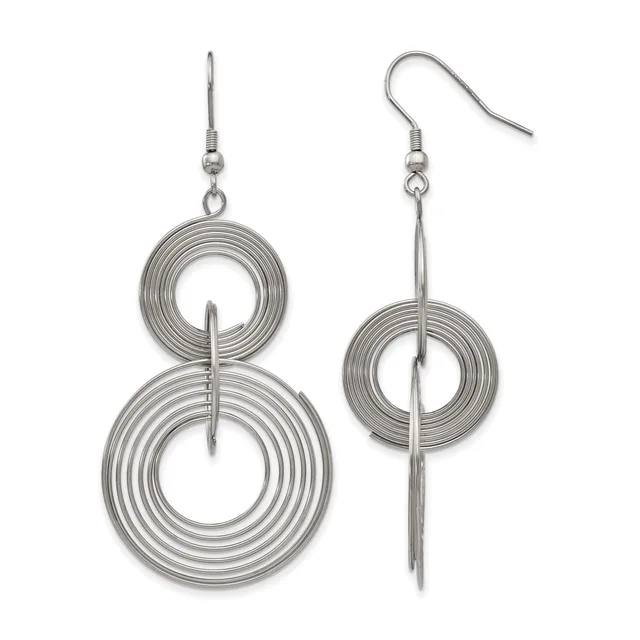 A pair of silver-toned dangle earrings featuring concentric circular wire loops of decreasing size, with vertical bar accents, suspended from fish hook ear wires.