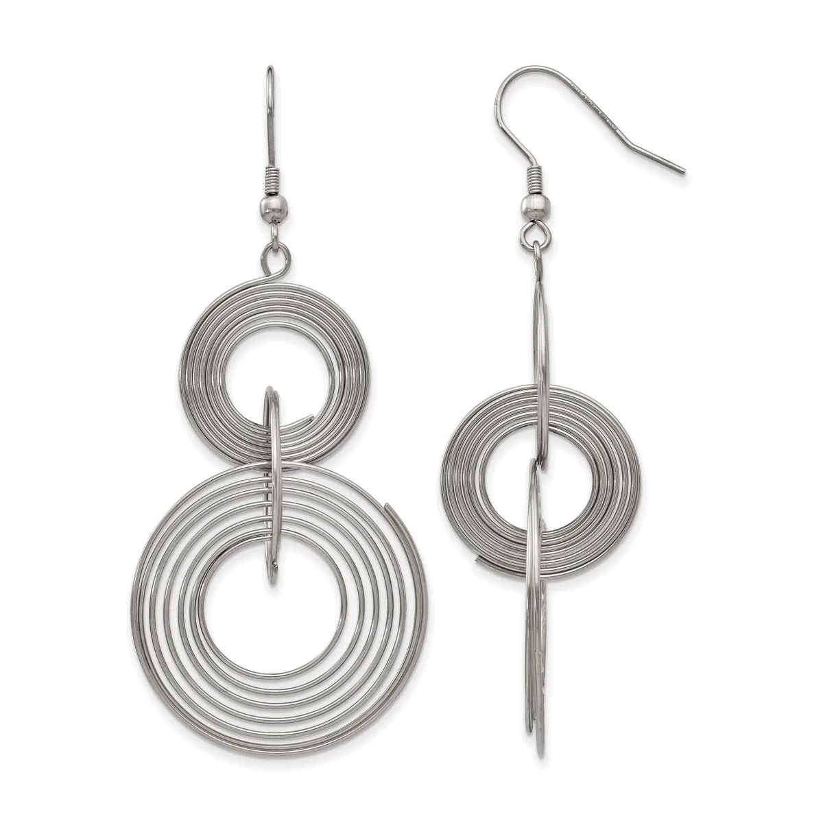 A pair of silver-toned dangle earrings featuring concentric circular wire loops of decreasing size, with vertical bar accents, suspended from fish hook ear wires.