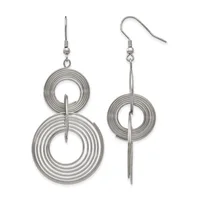 A pair of silver-toned dangle earrings featuring concentric circular wire loops of decreasing size, with vertical bar accents, suspended from fish hook ear wires.