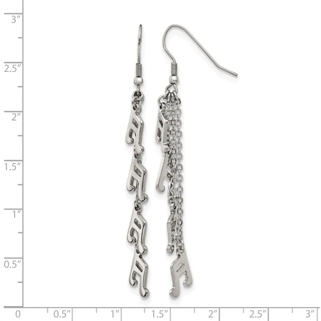 A pair of silver-toned dangle earrings with fish hook wires, one featuring a twisted chain and the other a textured chain, displayed against a ruler showing measurements up to three inches.