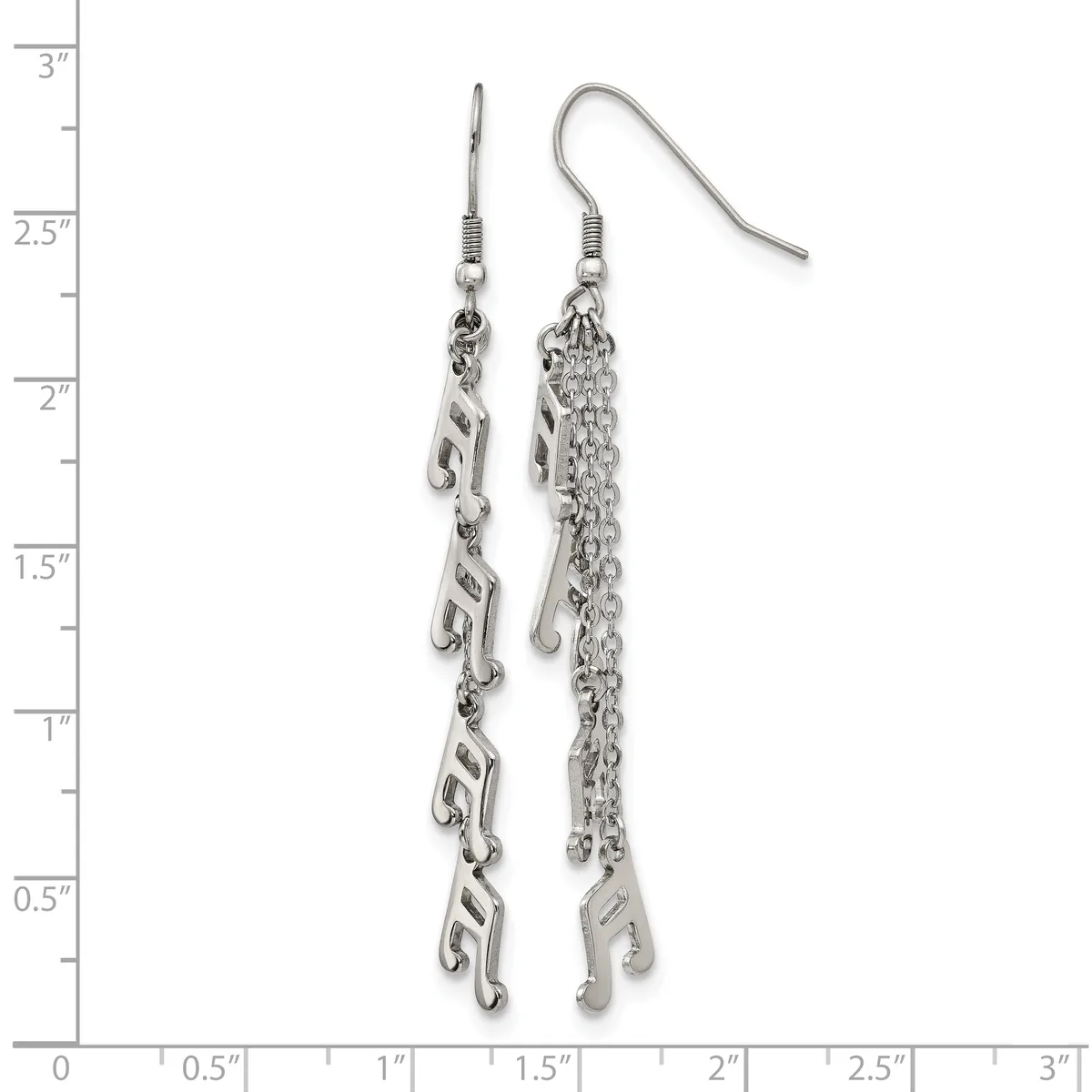 A pair of silver-toned dangle earrings with fish hook wires, one featuring a twisted chain and the other a textured chain, displayed against a ruler showing measurements up to three inches.