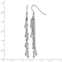 A pair of silver-toned dangle earrings with fish hook wires, one featuring a twisted chain and the other a textured chain, displayed against a ruler showing measurements up to three inches.