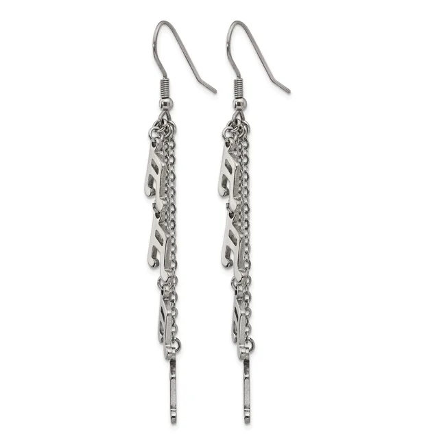 Pair of silver-toned dangle earrings with fish hook wires and long chain strands decorated with small geometric charms hanging vertically.
