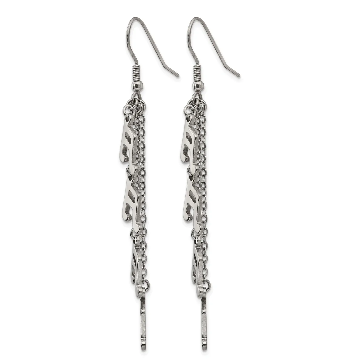 Pair of silver-toned dangle earrings with fish hook wires and long chain strands decorated with small geometric charms hanging vertically.