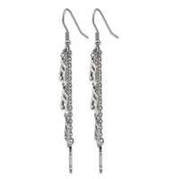Pair of silver-toned dangle earrings with fish hook wires and long chain strands decorated with small geometric charms hanging vertically.