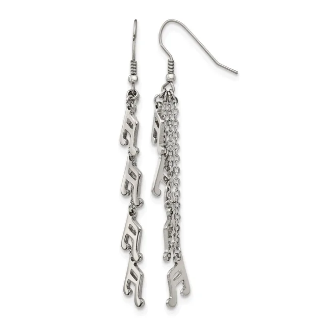 Pair of silver-toned dangle earrings with fish hook closures, featuring decorative chain and geometric pendant elements in varying lengths on white background.