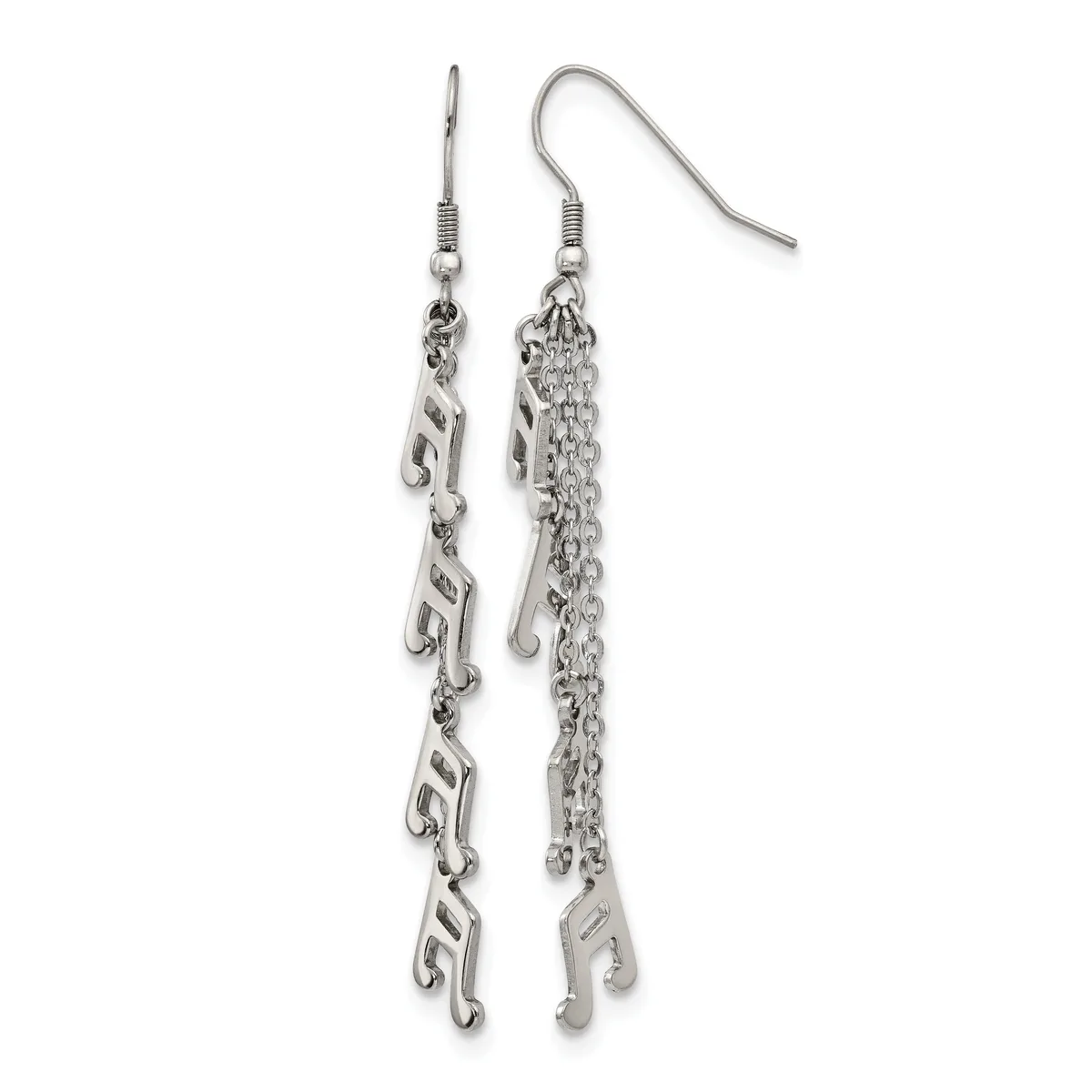 Pair of silver-toned dangle earrings with fish hook closures, featuring decorative chain and geometric pendant elements in varying lengths on white background.