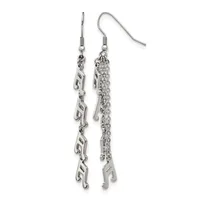 Pair of silver-toned dangle earrings with fish hook closures, featuring decorative chain and geometric pendant elements in varying lengths on white background.