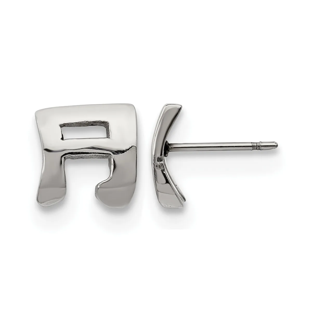 A pair of polished silver stud earrings with a chunky, curved rectangular design, shown from front and side views.