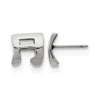 A pair of polished silver stud earrings with a chunky, curved rectangular design, shown from front and side views.
