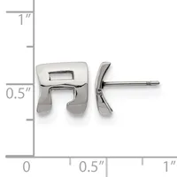 Polished silver-toned stud earrings with curved geometric shapes, shown from front and side view against a measurement scale indicating approximately 0.5 inches in height.