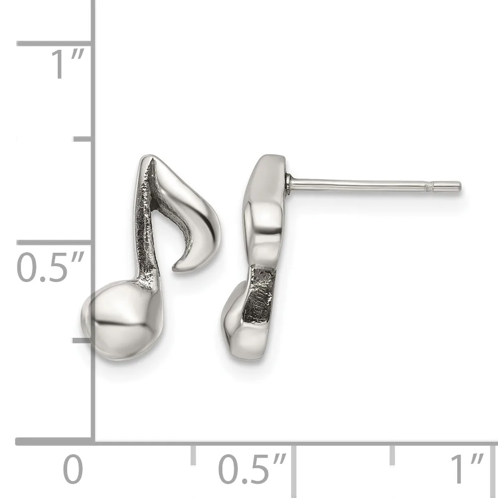 Pair of silver-toned musical note stud earrings with measurements showing approximately 0.5 inches in height and 0.5 inches in width.