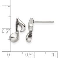Pair of silver-toned musical note stud earrings with measurements showing approximately 0.5 inches in height and 0.5 inches in width.
