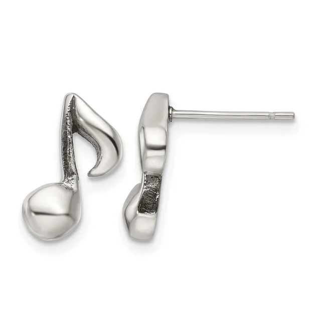 Pair of silver musical note stud earrings with polished and textured finishes, shown from front and side views.