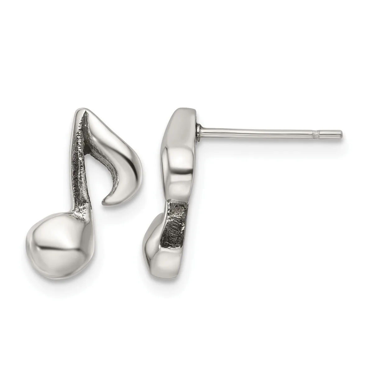 Pair of silver musical note stud earrings with polished and textured finishes, shown from front and side views.