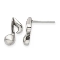 Pair of silver musical note stud earrings with polished and textured finishes, shown from front and side views.