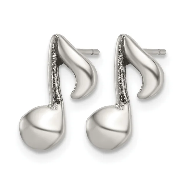 Pair of silver musical note-shaped earrings with polished ball bottoms and textured curved tops, shown against a white background.