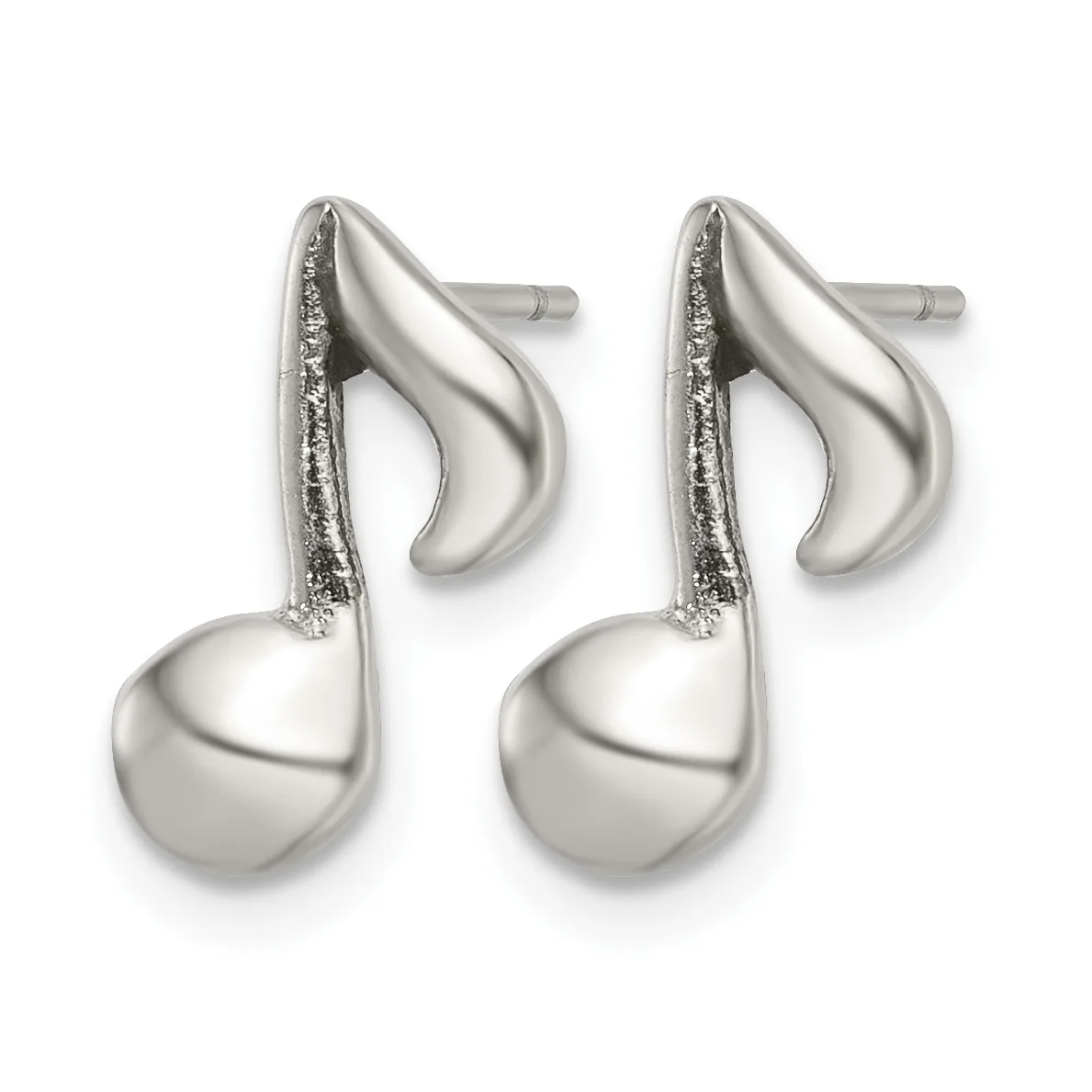 Pair of silver musical note-shaped earrings with polished ball bottoms and textured curved tops, shown against a white background.