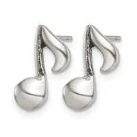Pair of silver musical note-shaped earrings with polished ball bottoms and textured curved tops, shown against a white background.