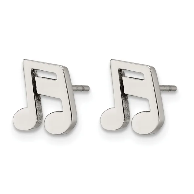 A pair of silver-toned double musical note stud earrings with posts and backs, shown from the front.