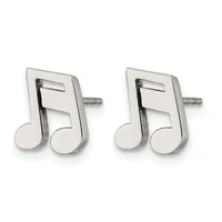 A pair of silver-toned double musical note stud earrings with posts and backs, shown from the front.