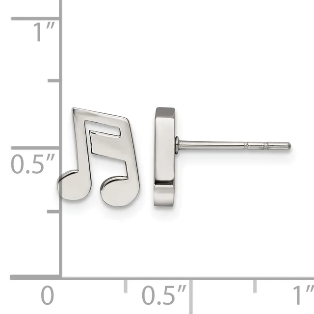 Silver-toned double musical note stud earrings shown with a measurement scale indicating approximately 0.5 inches in height.