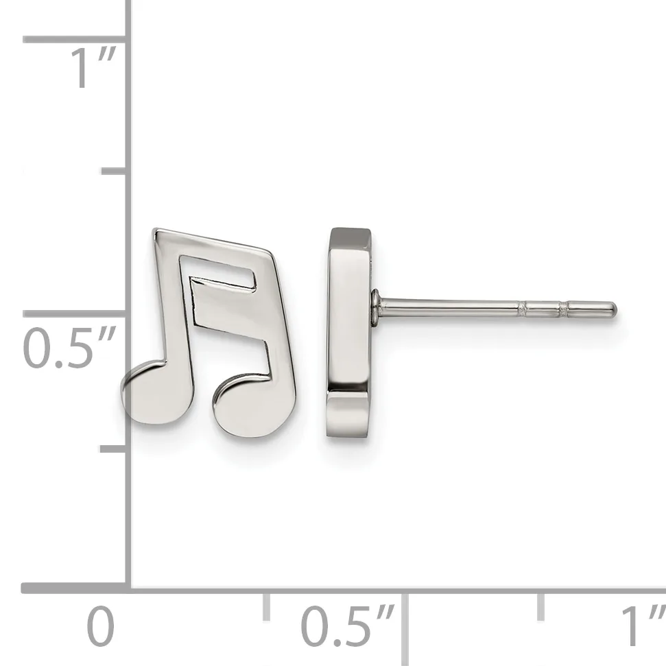 Silver-toned double musical note stud earrings shown with a measurement scale indicating approximately 0.5 inches in height.