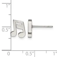 Silver-toned double musical note stud earrings shown with a measurement scale indicating approximately 0.5 inches in height.
