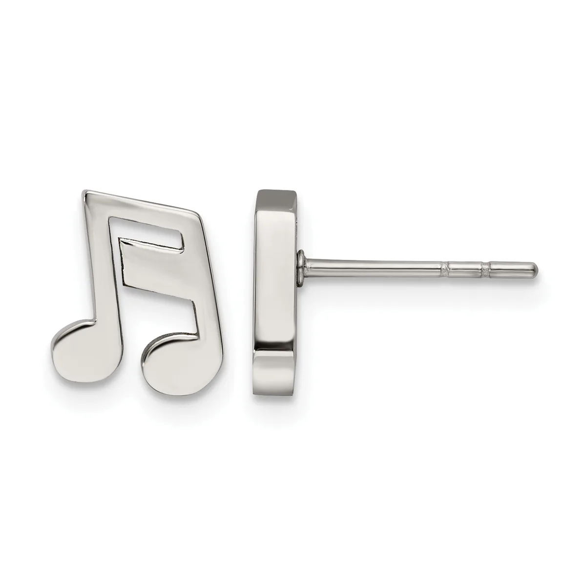 Pair of silver-colored musical note stud earrings shown from front and side views, featuring connected eighth notes with a polished finish and post backs.