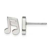 Pair of silver-colored musical note stud earrings shown from front and side views, featuring connected eighth notes with a polished finish and post backs.