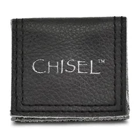 A dark textured leather jewelry box with stitched edges and a small stamped hallmark on the front, shown closed against a white background.