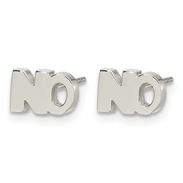 Pair of silver stud earrings shaped like the letters "NO" with posts and backs.