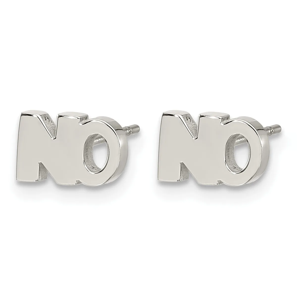 Pair of silver stud earrings shaped like the letters "NO" with posts and backs.